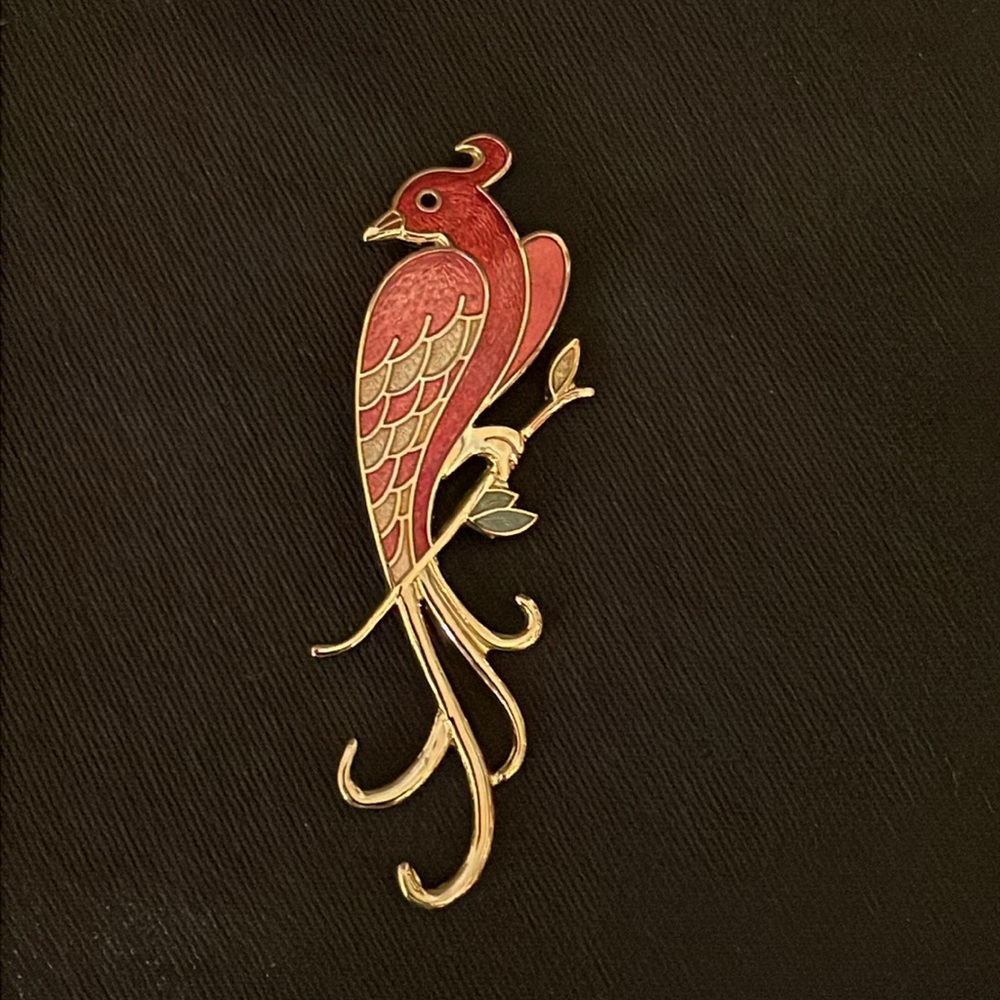 Vintage Bird of Paradise enamel pin Fish and Crown 80s 90s gold plated brooch